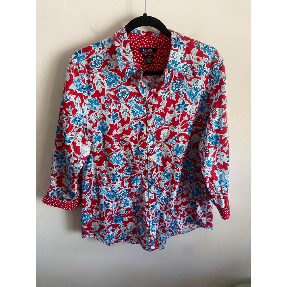 Chaps Womens XL Red Blue Floral No Iron Button Down Shirt 3/4 Sleeve Polka Dot